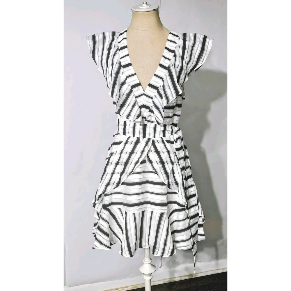 Halston Women's Black And White Striped V-neck Tie Waist Minidress Size 8